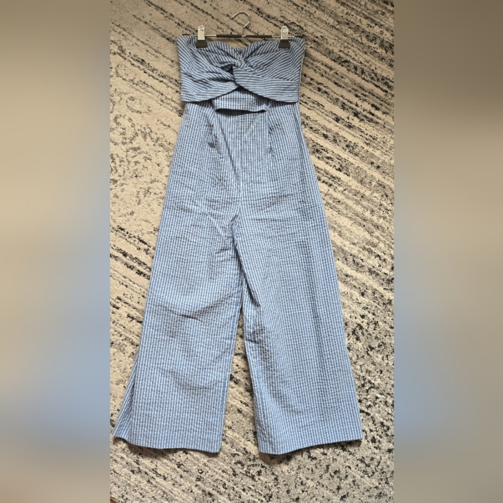 Zara Light Blue Pin Stripe Strapless Jumpsuit